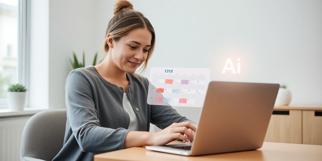 Therapist calendar with AI bot icon assisting.