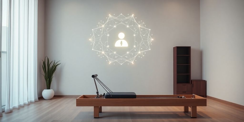 Pilates reformer with AI chatbot interface overlay.