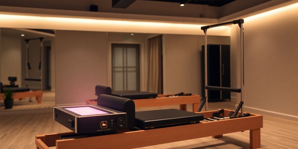 Pilates reformer with a glowing digital interface.