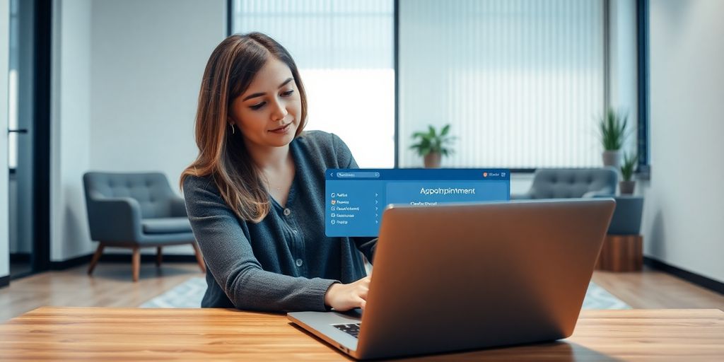 Counselor using AI appointment setter on computer.