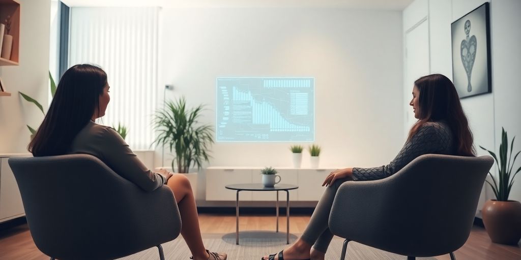 Professional setting with AI and calm human interaction.