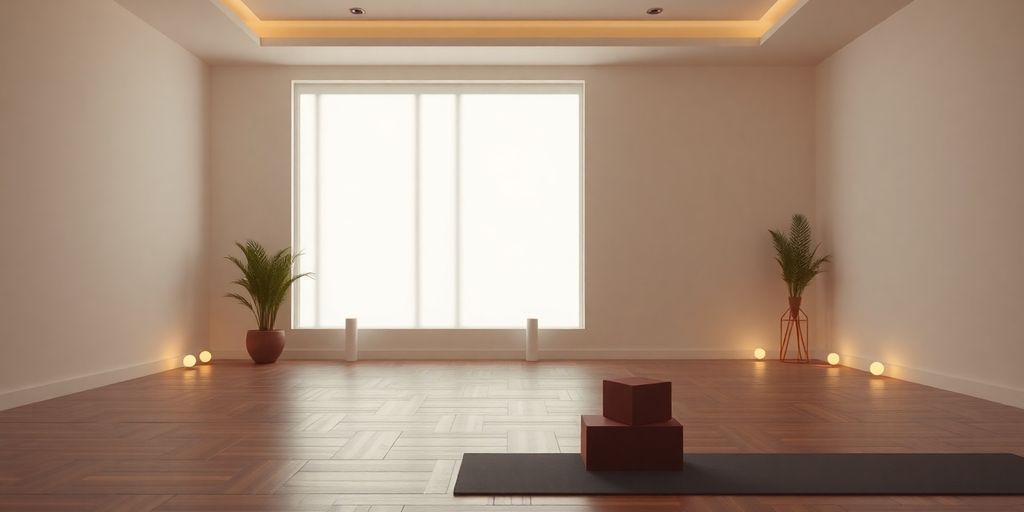 Yoga studio interior with AI assistant interface.