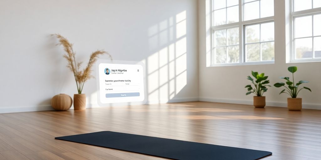 Yoga studio owner smiling with AI assistant.