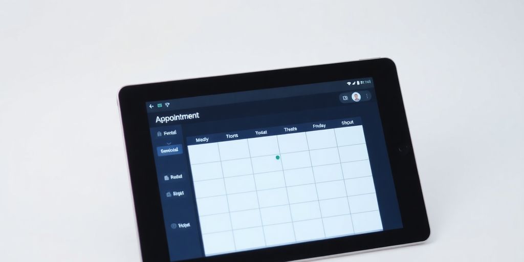 Person using AI scheduler on a tablet.