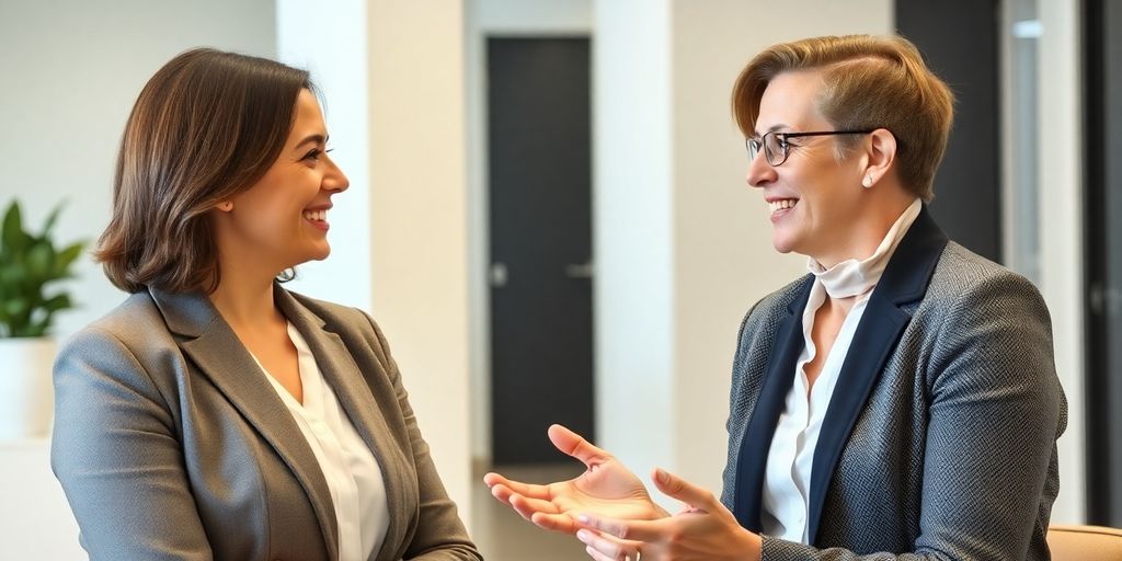 Lawyer and client shaking hands in modern office.