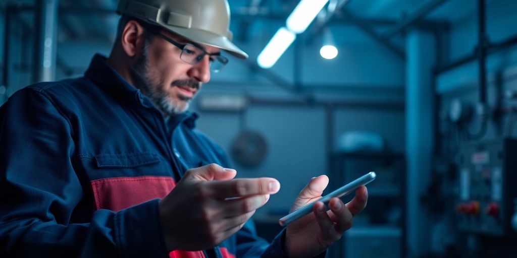 Electrician using a smartphone with AI interface.