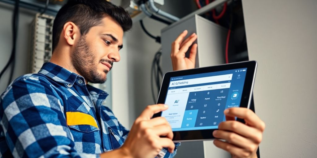 Electrician using a tablet with AI interface.