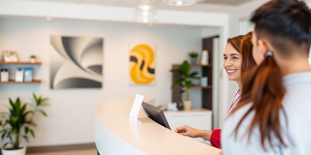 Chiropractic office with smiling receptionist and patient.