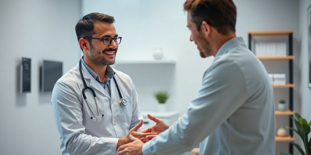 Chiropractor and patient smiling, AI assisting.