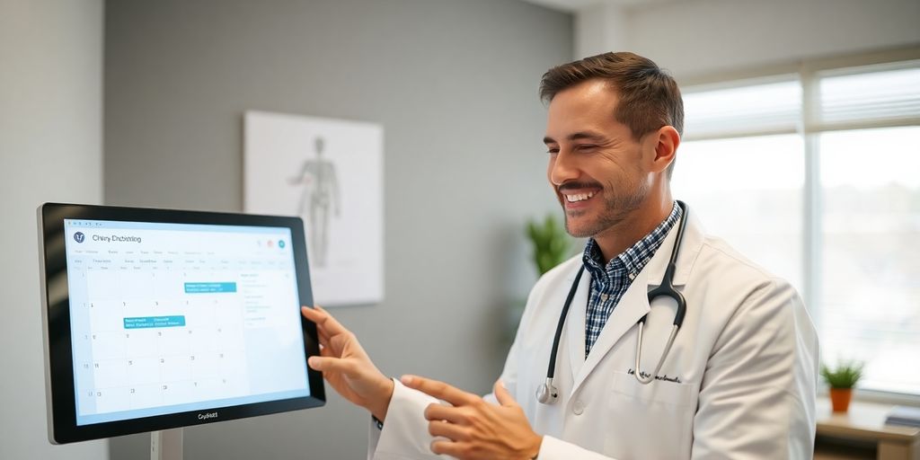 Chiropractor interacting with AI scheduling interface.