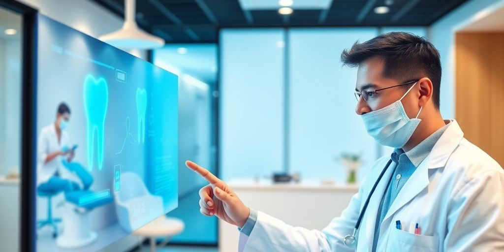 Dentist smiling next to a modern AI interface.