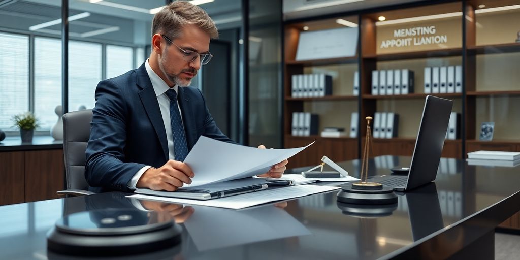 Immigration lawyer's desk with a digital assistant interface.