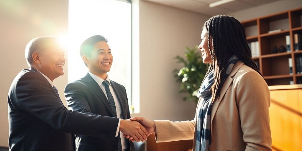 Immigration lawyer consulting with diverse clients.