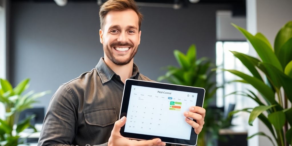 Pest control technician using AI on a tablet.