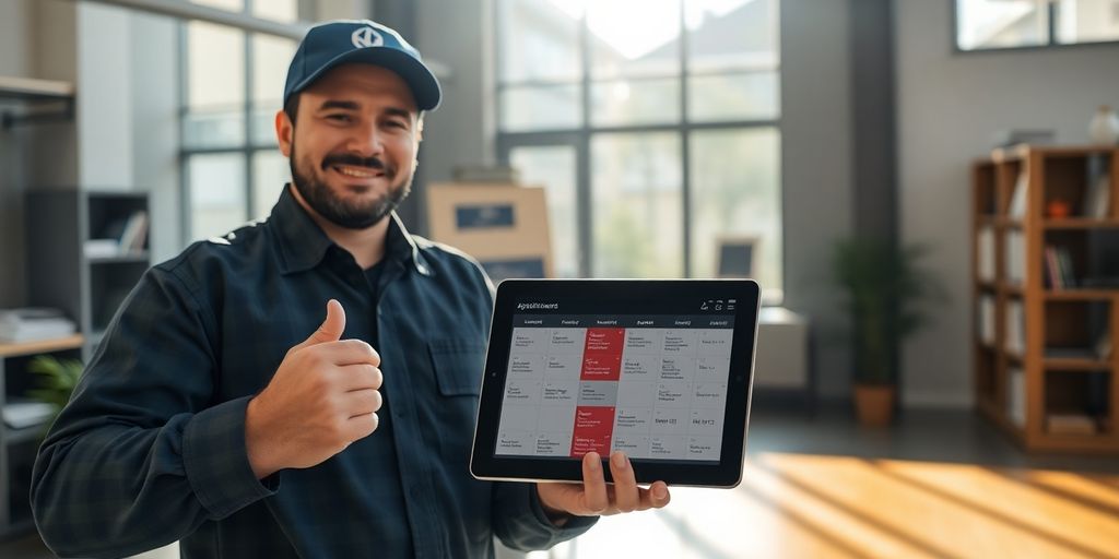 HVAC technician smiling with a digital calendar.