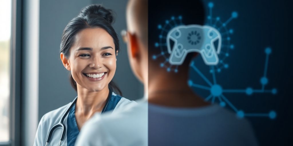Physiotherapist smiling, interacting with patient.