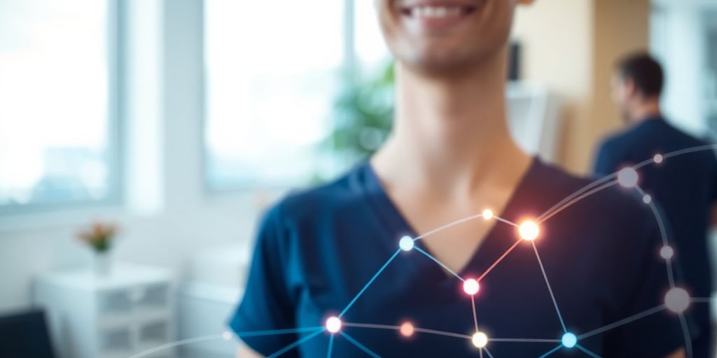 Physiotherapist smiling while using AI appointment tool.
