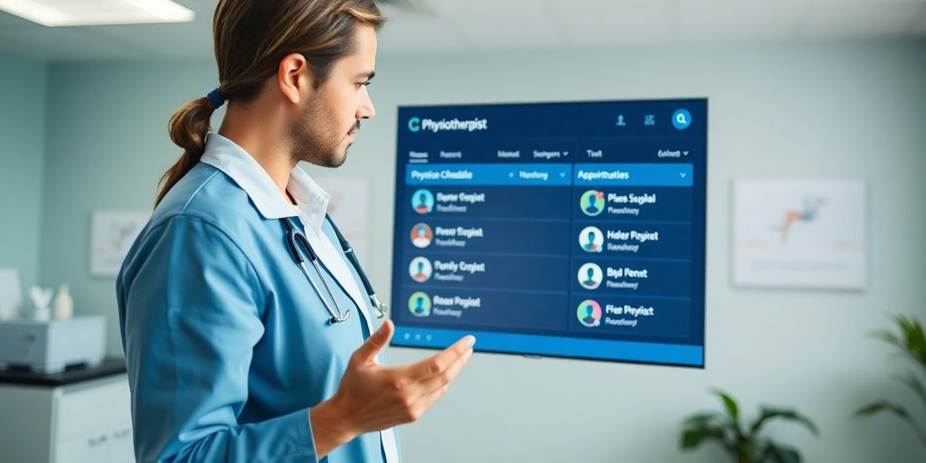Physiotherapist smiling while using AI appointment setter.