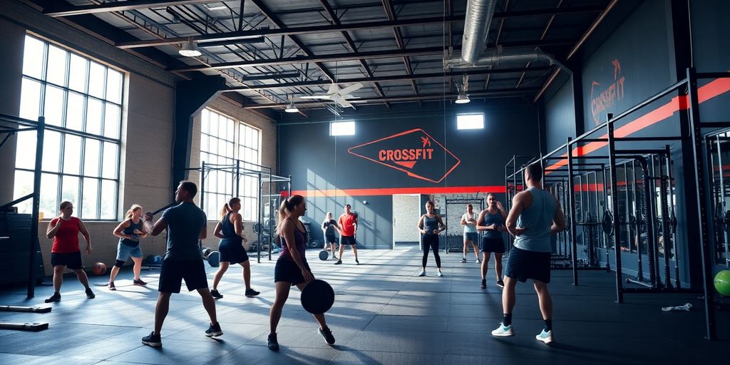 CrossFit gym interior with people working out.