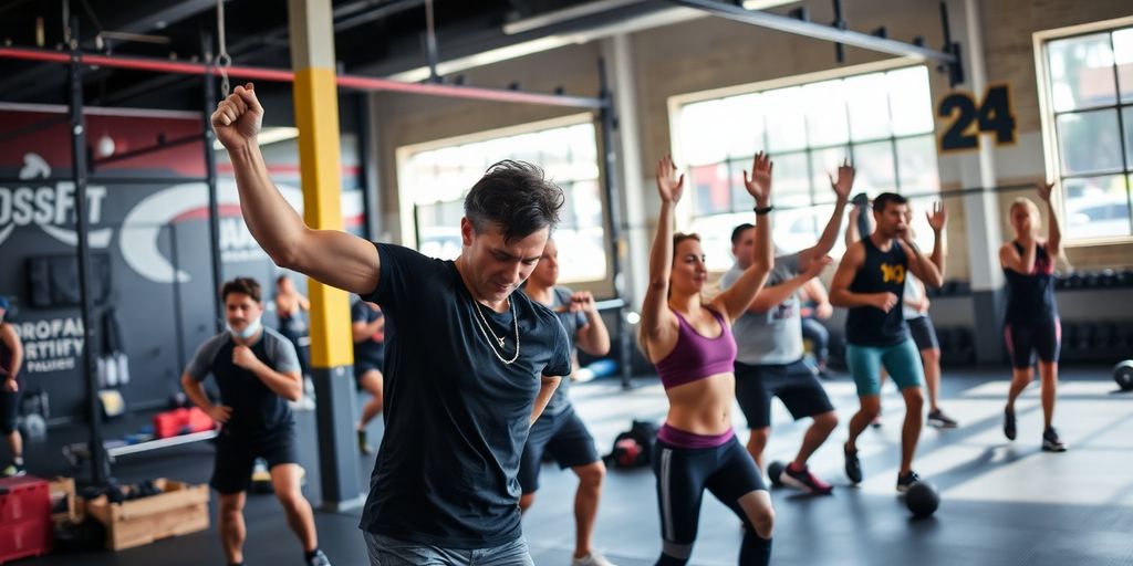 CrossFit gym interior with people working out.