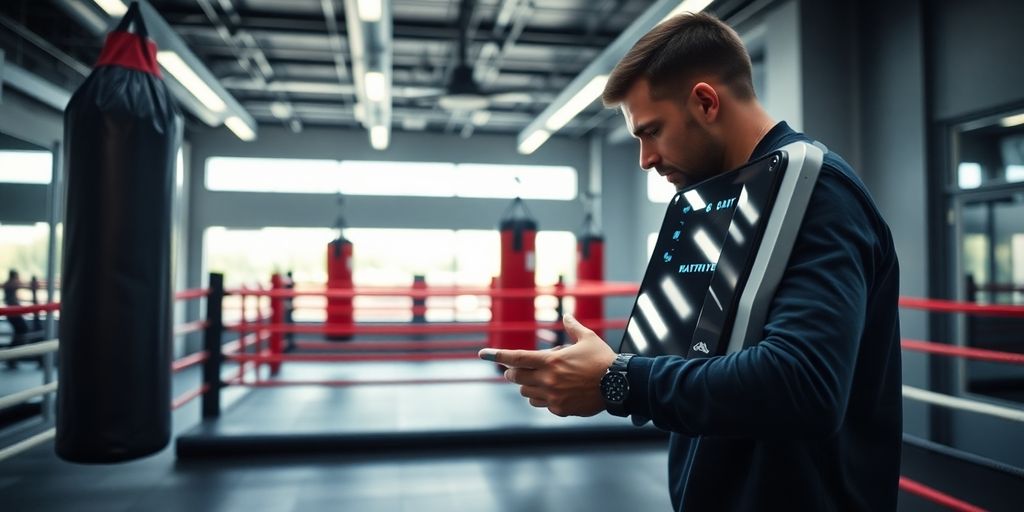 Boxing gym interior with a person booking an appointment.