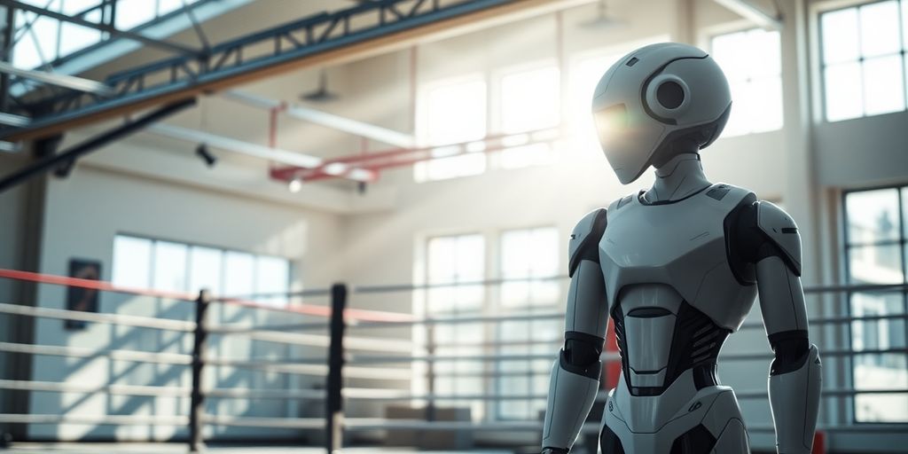 Boxing gym interior with AI assistant.