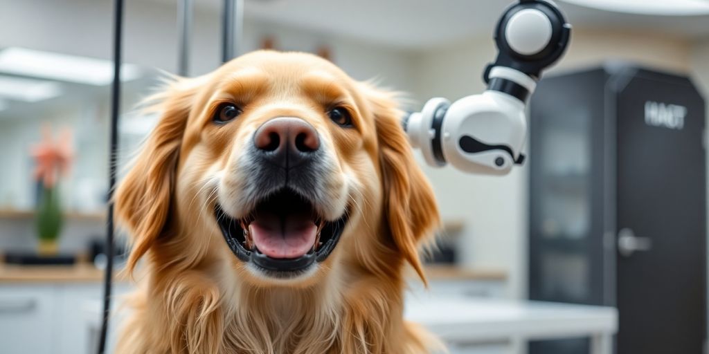 Happy dog receiving grooming from AI assistant.