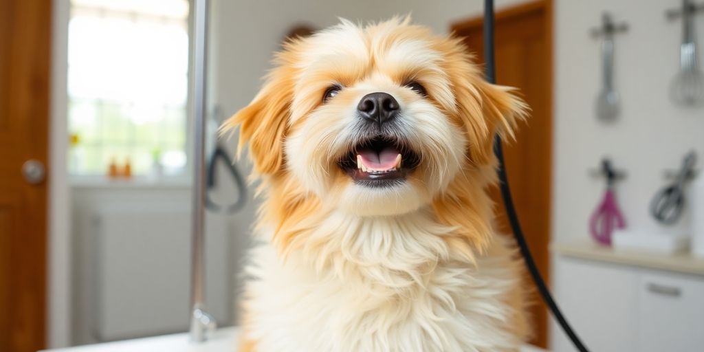 Happy dog getting groomed by AI.