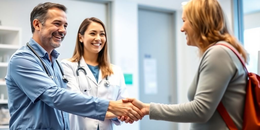 Veterinarian shaking hands with a happy client.