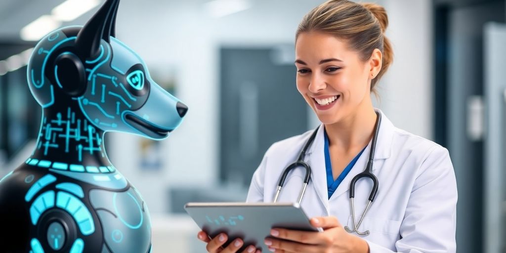Veterinarian using AI appointment setter on tablet.