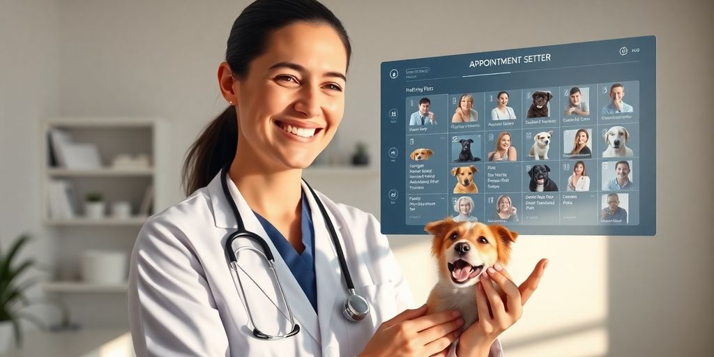 Veterinarian with AI appointment setter interface.