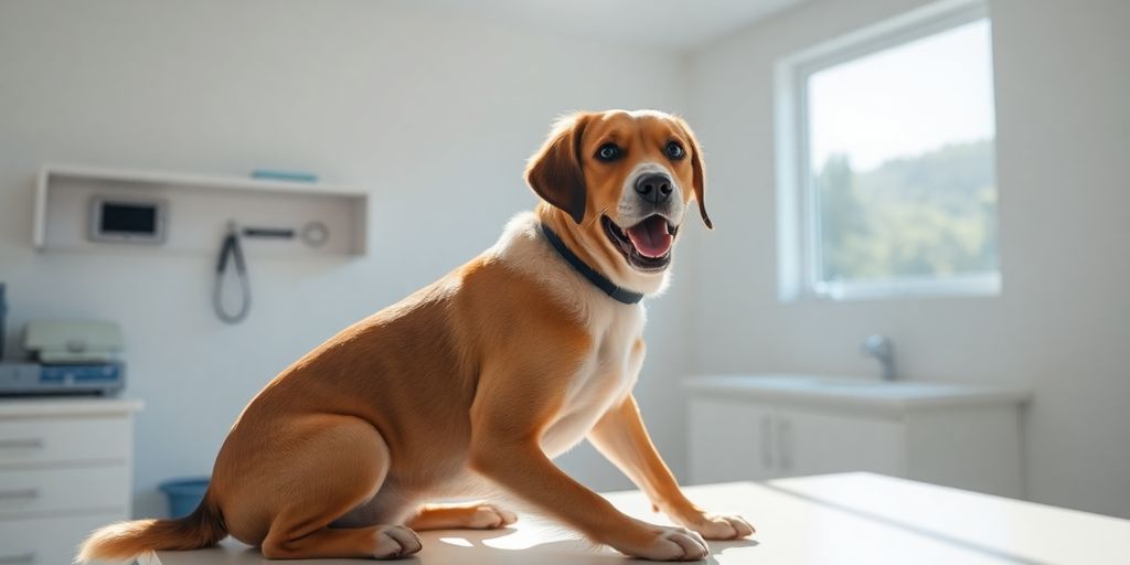 Veterinary clinic interior with happy pet and AI interface.
