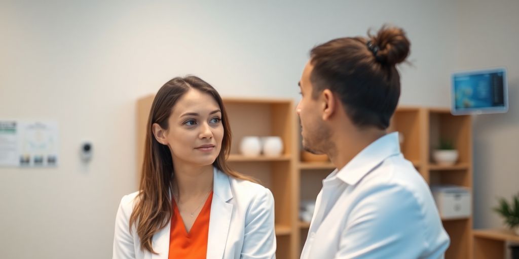Physiotherapist interacting with a patient while a digital interface is visible.