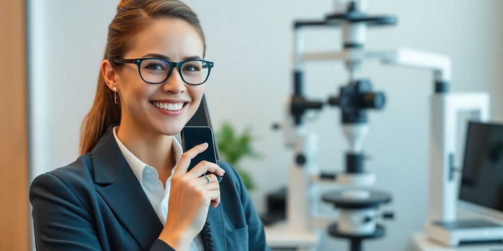 Optometrist smiling while talking on phone.