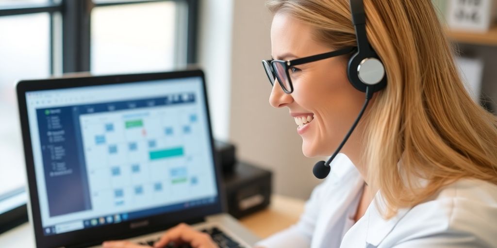 Optometrist smiling while talking on a headset.