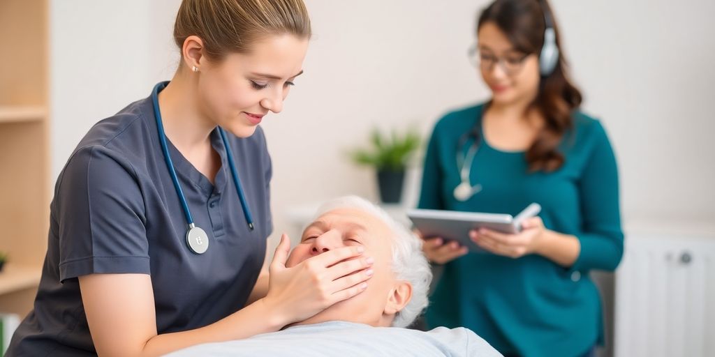 Physiotherapist attends to patient while virtual receptionist handles calls.
