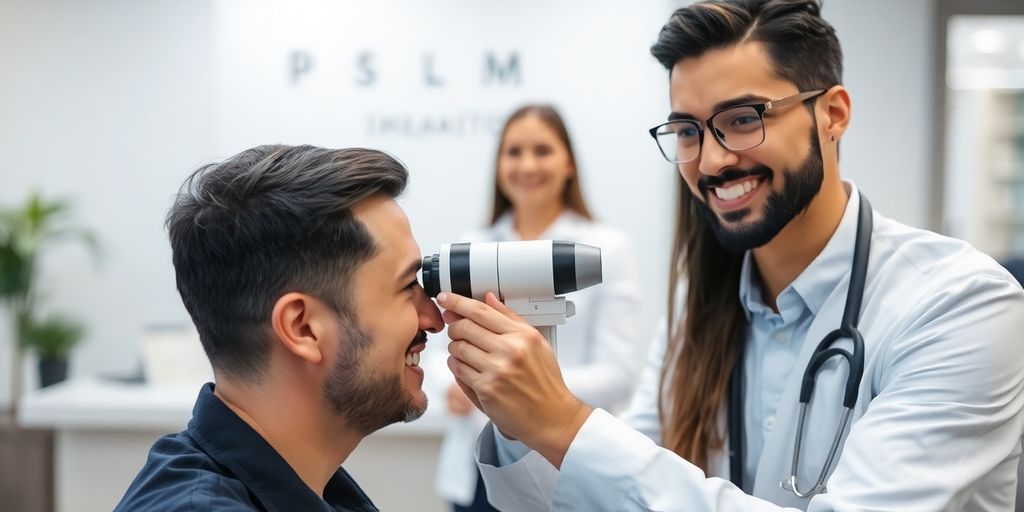 Optometrist smiling while interacting with patient, virtual receptionist in background.