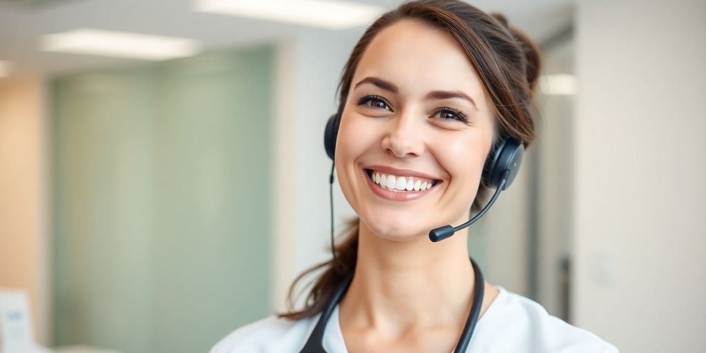 Physiotherapist smiling while talking on a headset.
