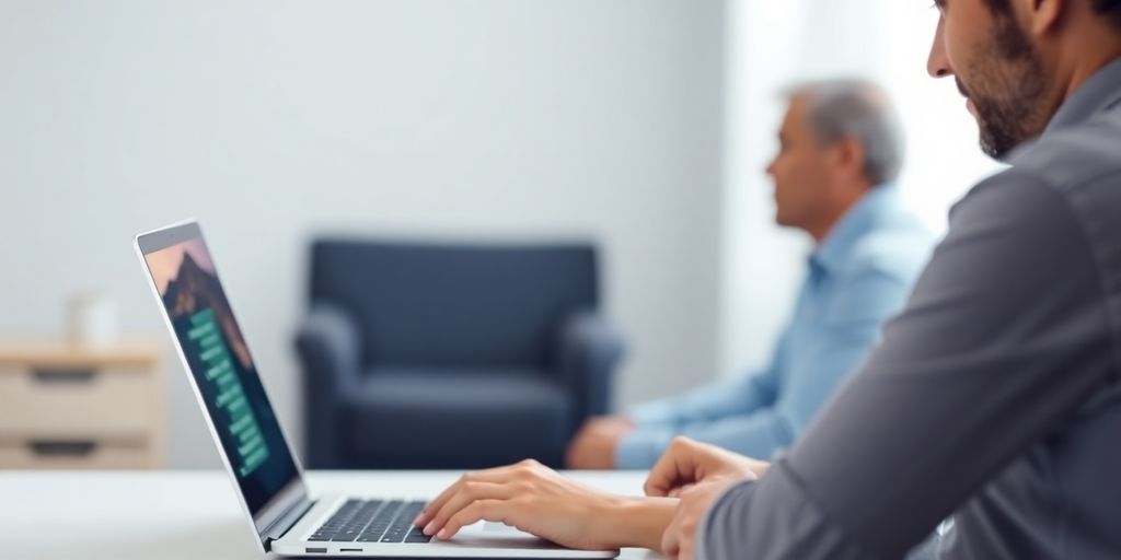 Chiropractor smiling at laptop with blurred patient in background.