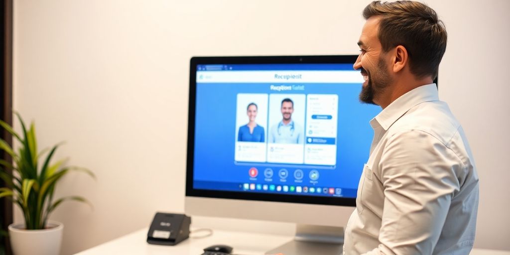 Chiropractor using a virtual receptionist on a computer.