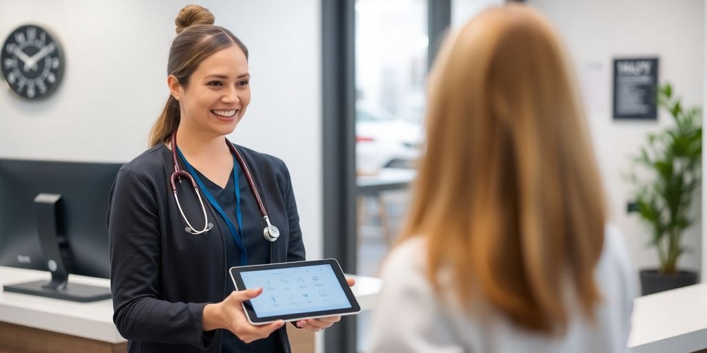 Smiling receptionist assisting patient on computer.