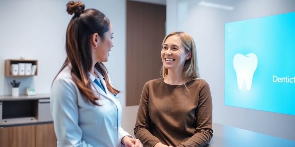 Smiling dentist and patient near a modern reception desk.