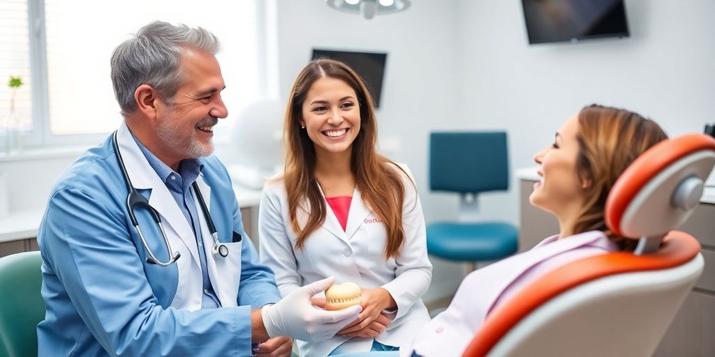 Dentist smiling with patient in modern clinic.