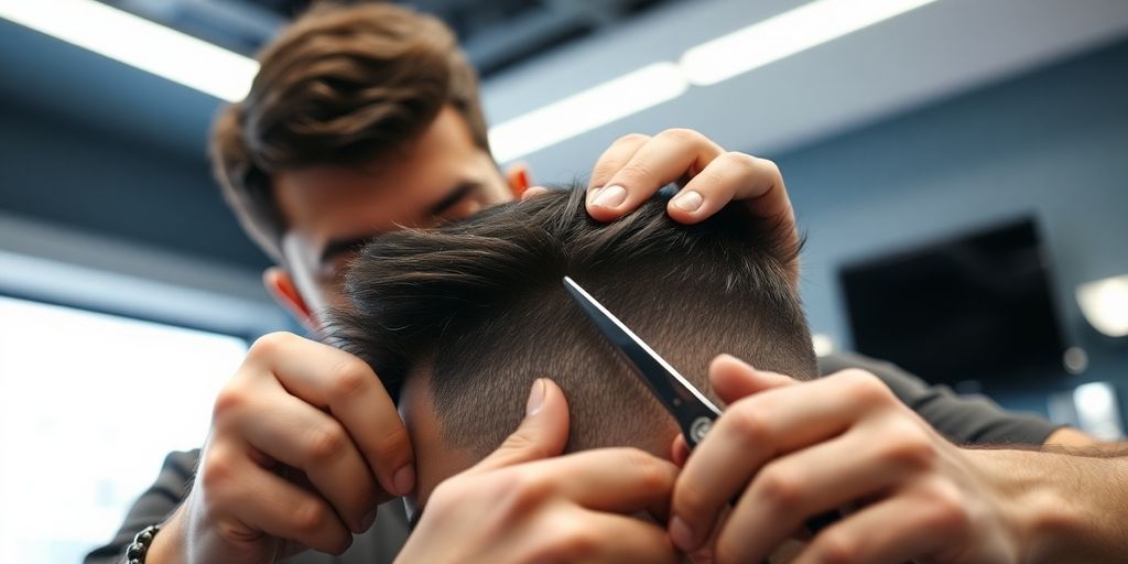 Barber chair with a focused barber and satisfied client.