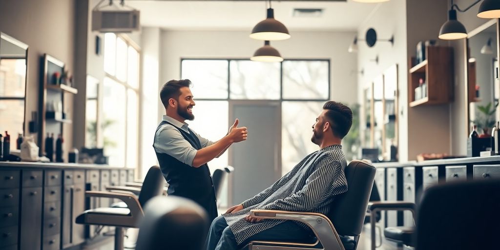 Barber and client smiling in a stylish shop.