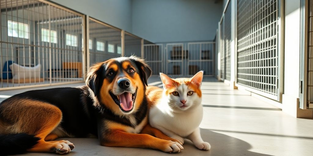 Smiling dog and cat nestled near a modern kennel.