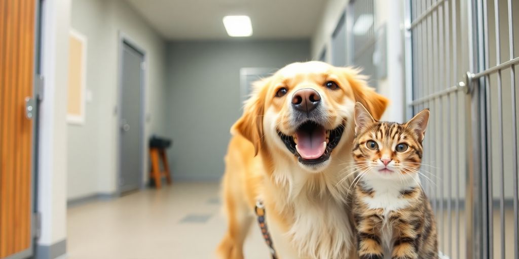 Happy dog and cat at a clean kennel.