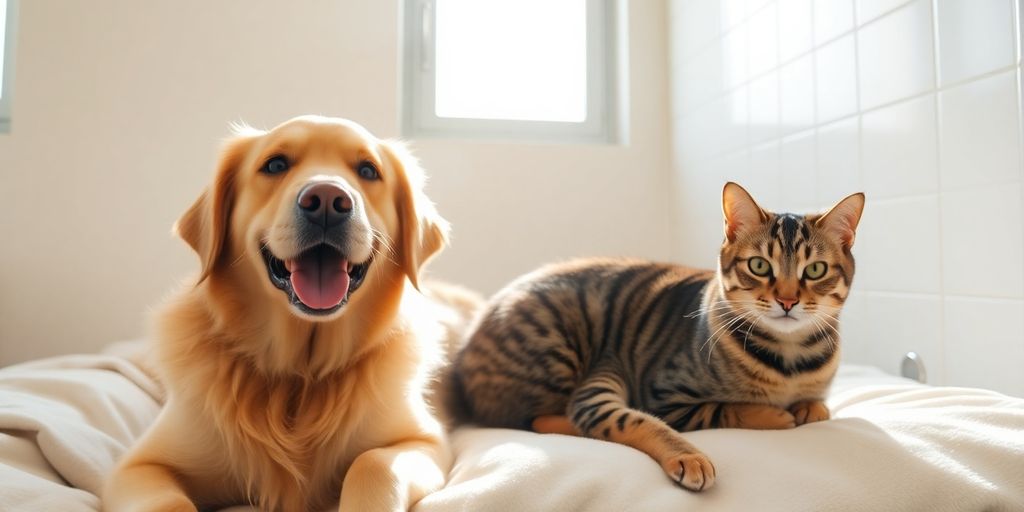 Happy dog and cat in a modern kennel.