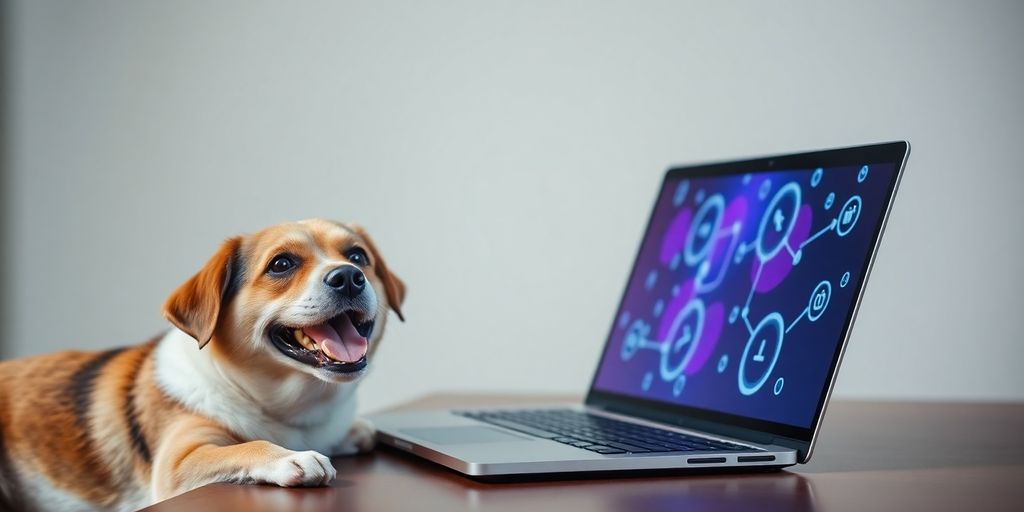 Happy dog interacting with AI customer service representative.