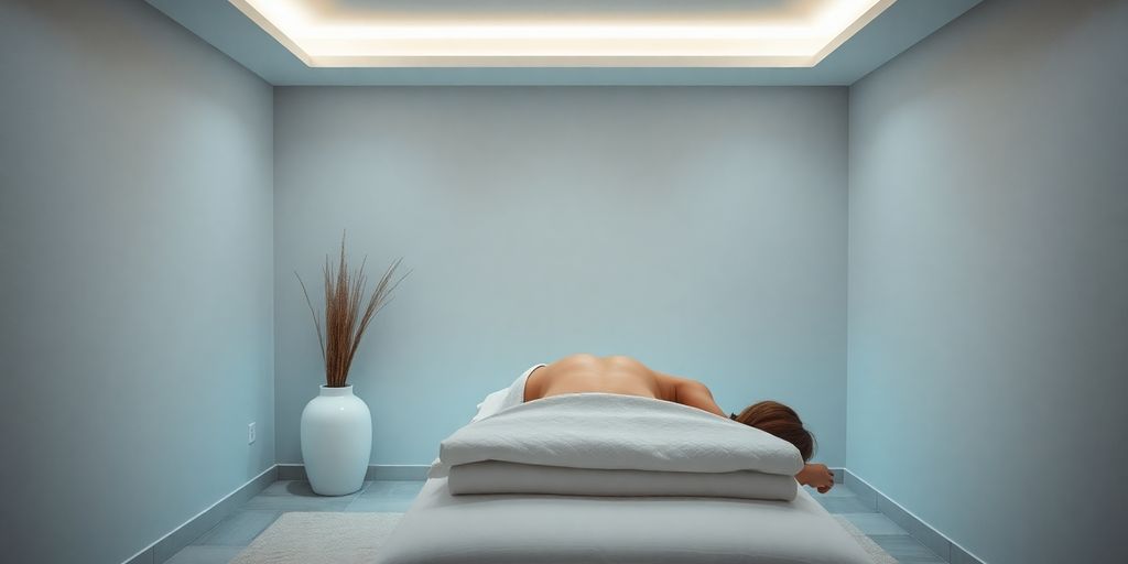 Massage therapist and client in serene clinic setting.